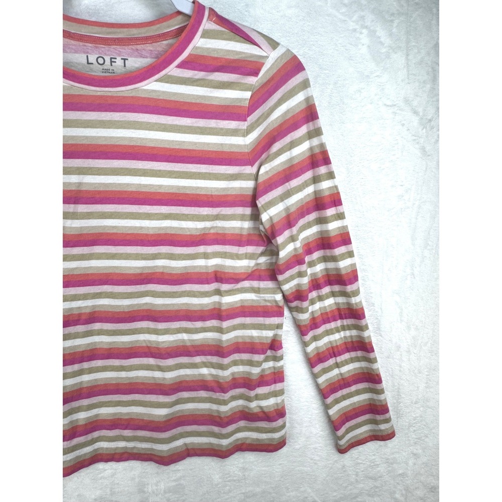 LOFT Womens Large Pink Tan Striped Long Sleeve Cotton Crew Neck T-Shirt L - Picture 3 of 8